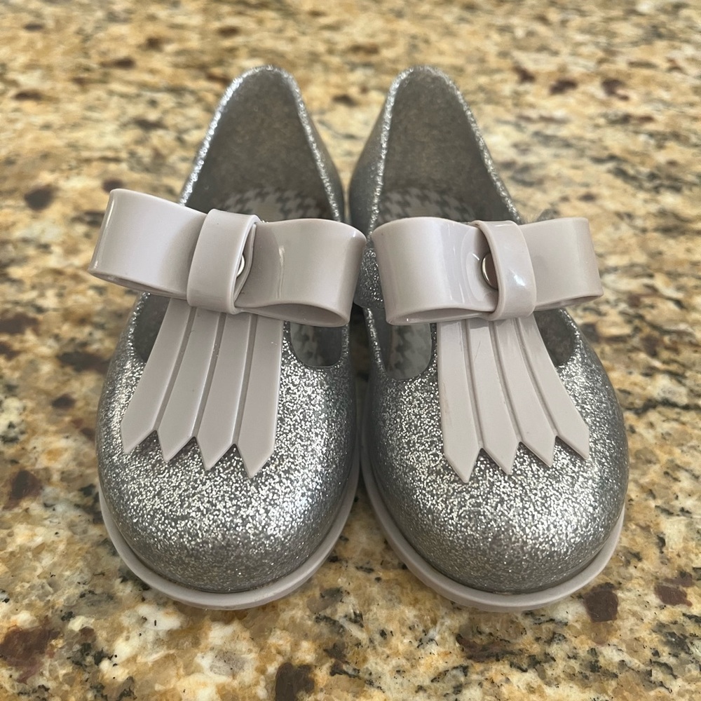 Mini Melissa silver glitter bow baby Mary Jane jelly shoes with Velcro strap